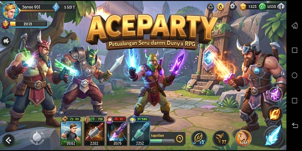 Gameplay ACEPARTY menampilkan pertarungan epik dan eksplorasi dunia fantasi.