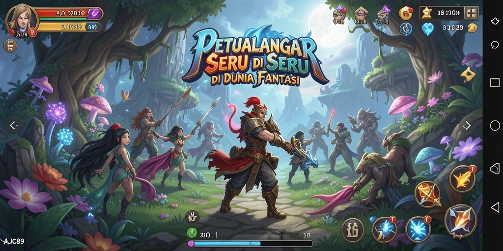 Tampilan gameplay AJO89 dengan warna-warna cerah dan karakter penuh aksi.