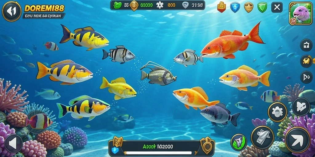 Screenshot gameplay DOREMI88 menampilkan aksi menembak ikan yang seru.