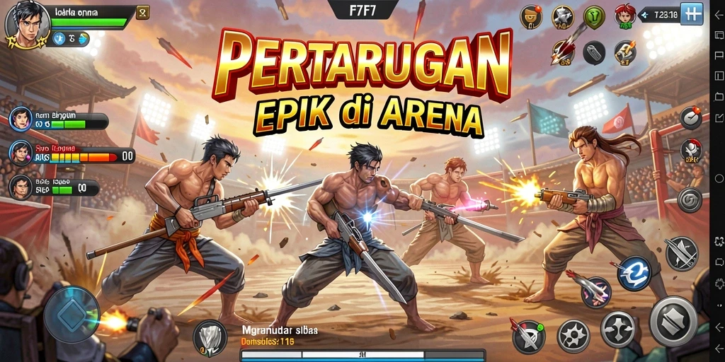 Screenshot F7F7 menampilkan pertarungan sengit di arena.