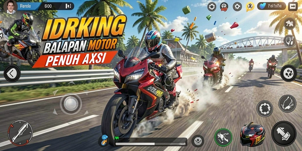 Screenshot gameplay IDRKING yang menampilkan balapan motor yang mendebarkan.