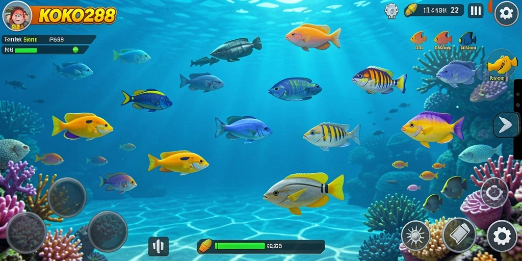 Screenshot utama KOKO288 menampilkan aksi seru menembak ikan di lautan.