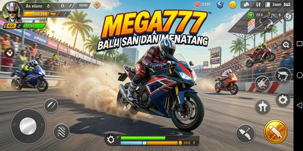 Gameplay seru MEGA777 dalam balapan motor yang intens.