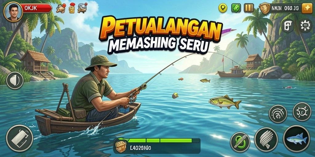 Screenshot gameplay OKJK menampilkan aksi memancing yang seru.