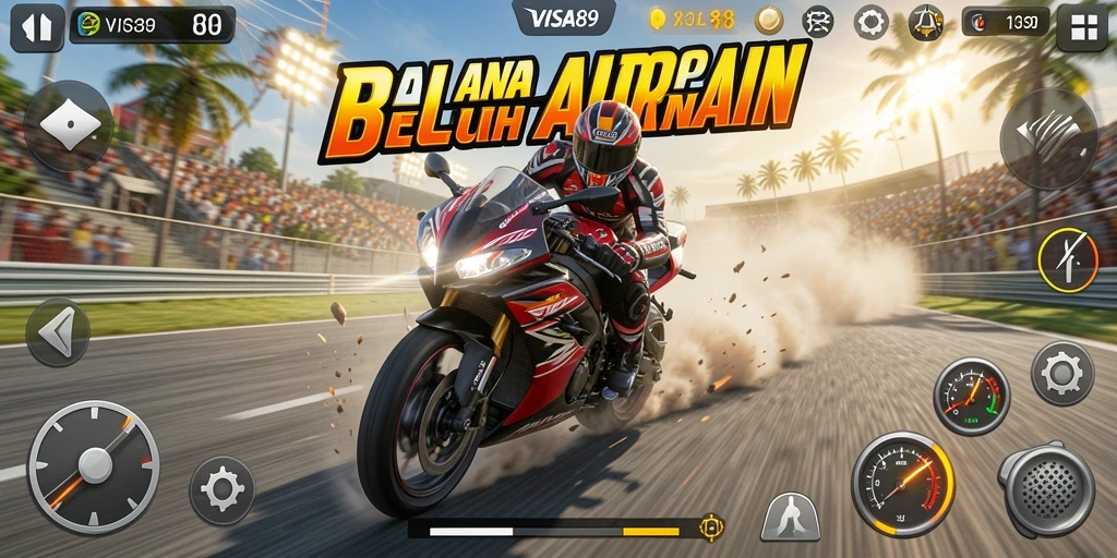 Screenshot dari gameplay balapan motor di VISA89.